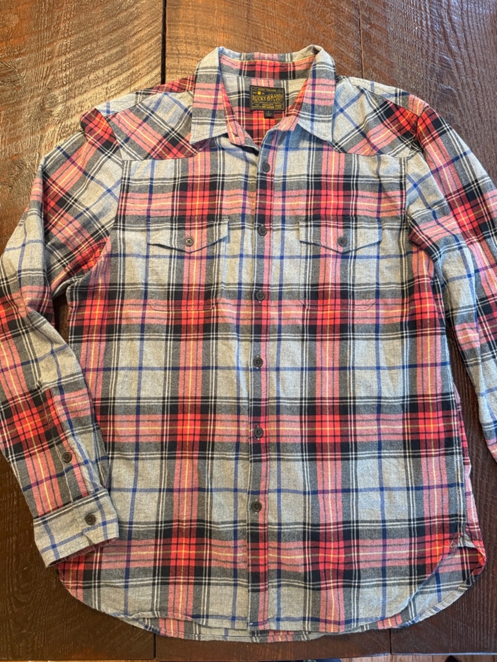 Lucky Brand Plaid Flannel Shirt Men’s Large Red Blue Button Front Long Sleeve